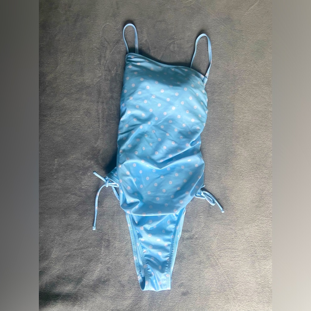 Wild Fable Women’s Side-Cinched Light Blue White Polka Dot One Piece Swimsuit